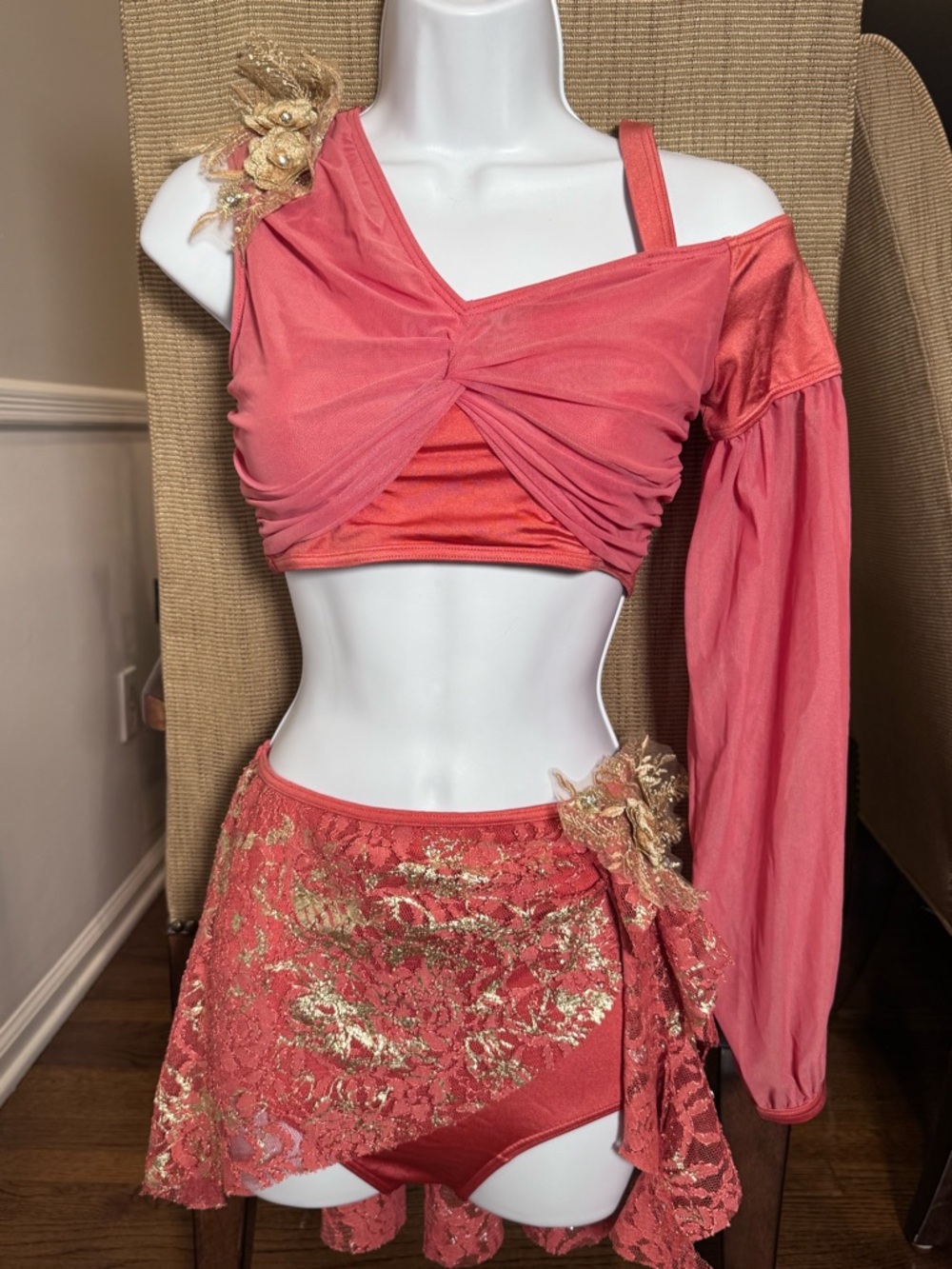Weissman Coral Pink Dance Skirt and Top Set with Gold Accents